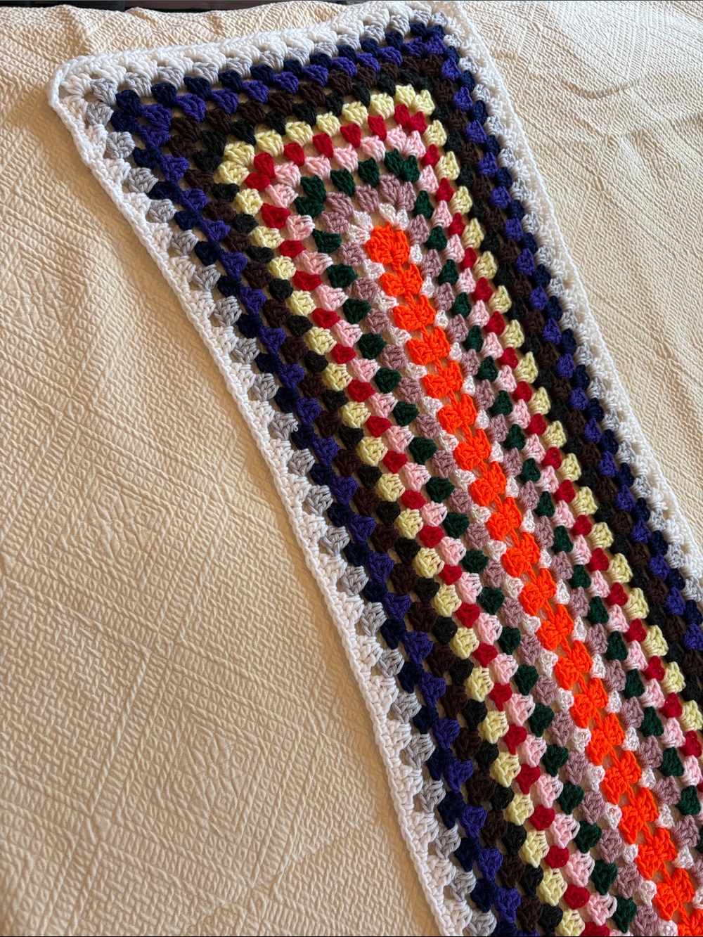 Handcrafted Multicolor Crochet Throw Runner - White Trim Decorative Clear Bids ! - Picture 7 of 9
